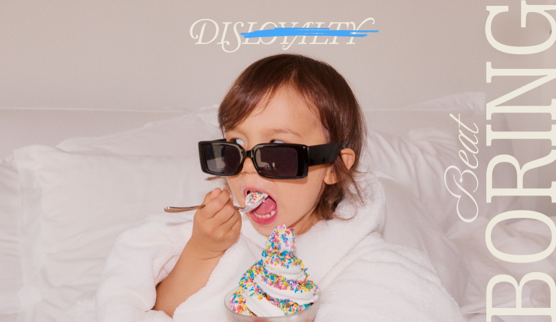 A child in a fluffy white robe enjoys colorful ice cream, with playful text promoting fun and excitement.