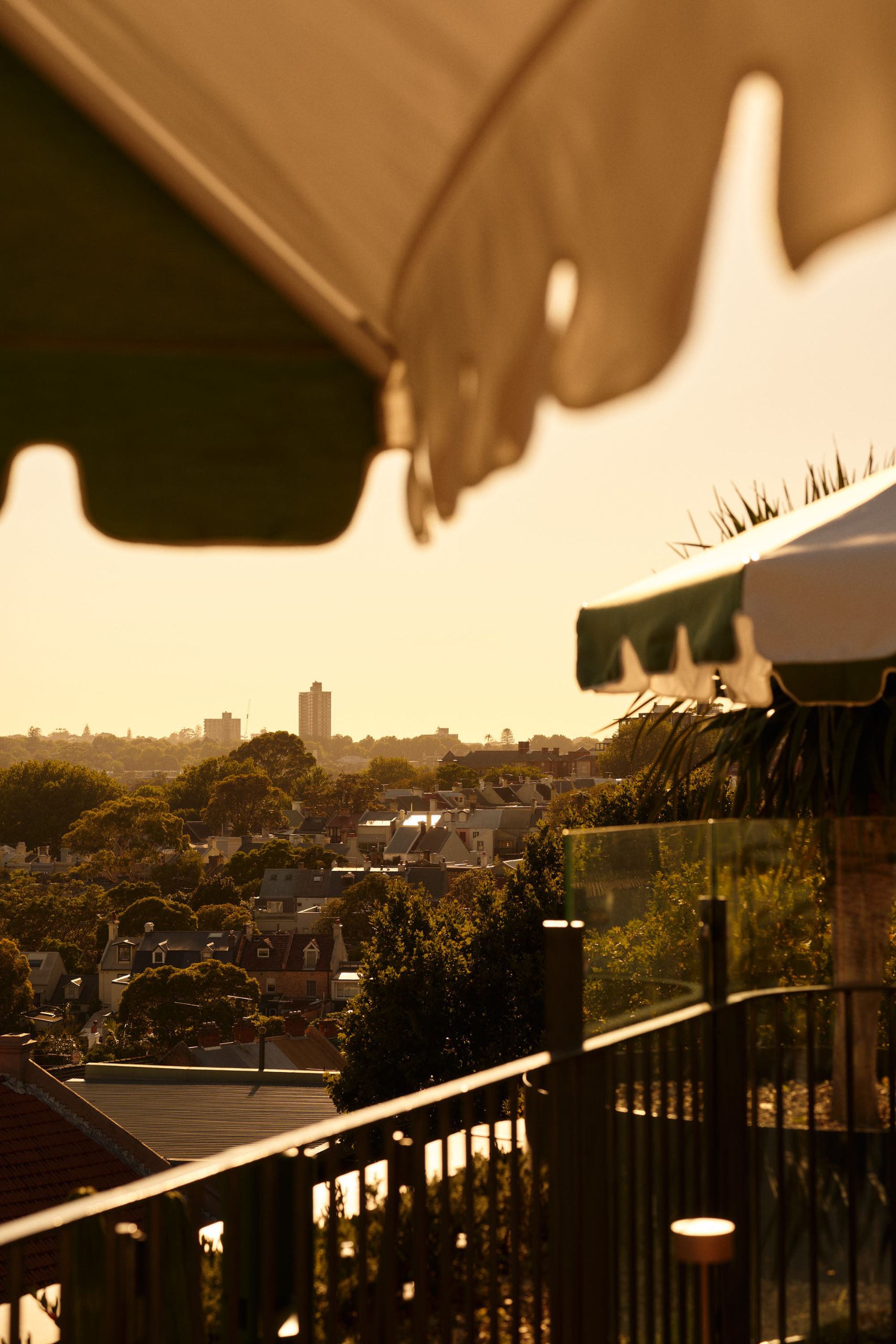 A warm, golden sunset filters through striped awnings, overlooking a cityscape with distant buildings and lush greenery, creating a serene atmosphere.